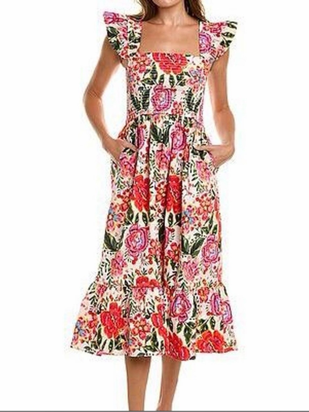 Leota Pink and Red Floral Square-Neck Poplin Midi Dress